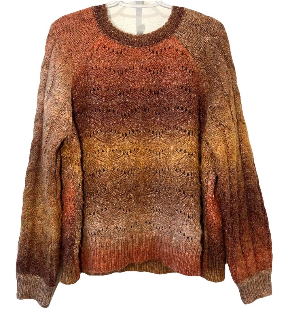 Knox Rose XL Ombre Fuzzy Open Knit Balloon Sleeve Crewneck Sweater